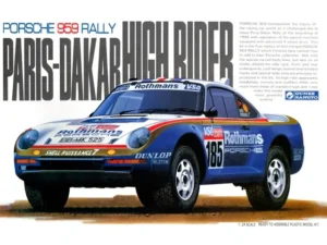 Box art of the Gunze Sangyo 1:24 scale Porsche 959 Rally Paris-Dakar High Rider plastic model kit featuring the #185 Rothmans livery